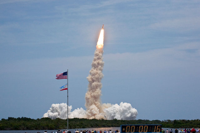 Space Shuttle Atlantis and its seven-member STS-125 crew head toward Earth orbit and rendezvous with NASA's Hubble Space Telescope. Liftoff was on time at 2:01 p.m. (EDT) on May 11, 2009 from launch pad 39A at NASA's Kennedy Space Center.