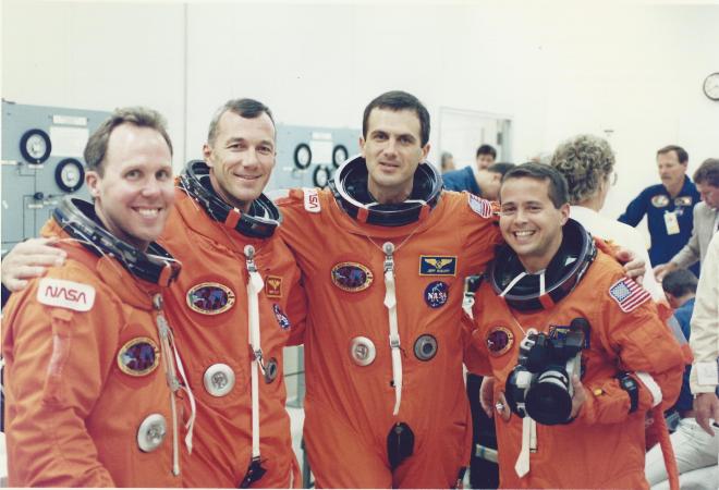 Tom Jones, Terry Wilcutt, Jeff Wisoff, and Dan Bursch suit up for STS-68. (NASA) 