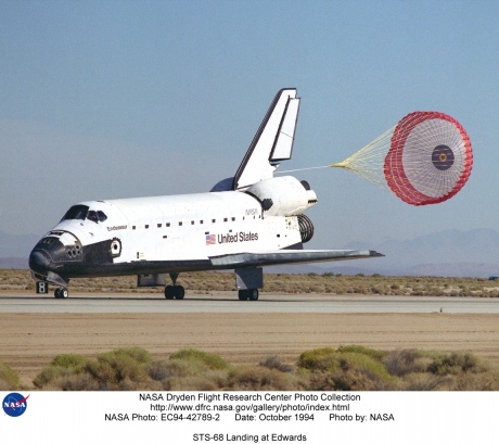 Drag chute DTO complete, Endeavour rolls out on Rwy. 22 at Edwards, with Baker and Wilcutt at the controls. (NASA EC94-42789-2)