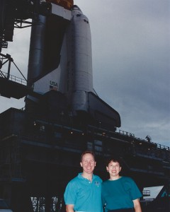Tom and LIz Jones tour Endeavour at Launch Pad 39A a couple of days before launch of STS-68. (photo by Rich Clifford, NASA)